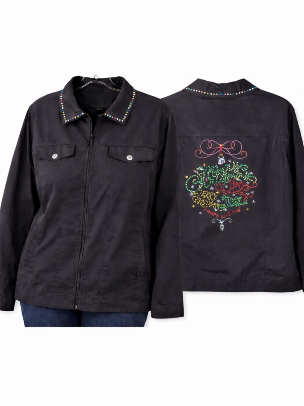 Onque Casuals SZ 1x black, collared, zipper jacket w/ beads, embroidery buttons